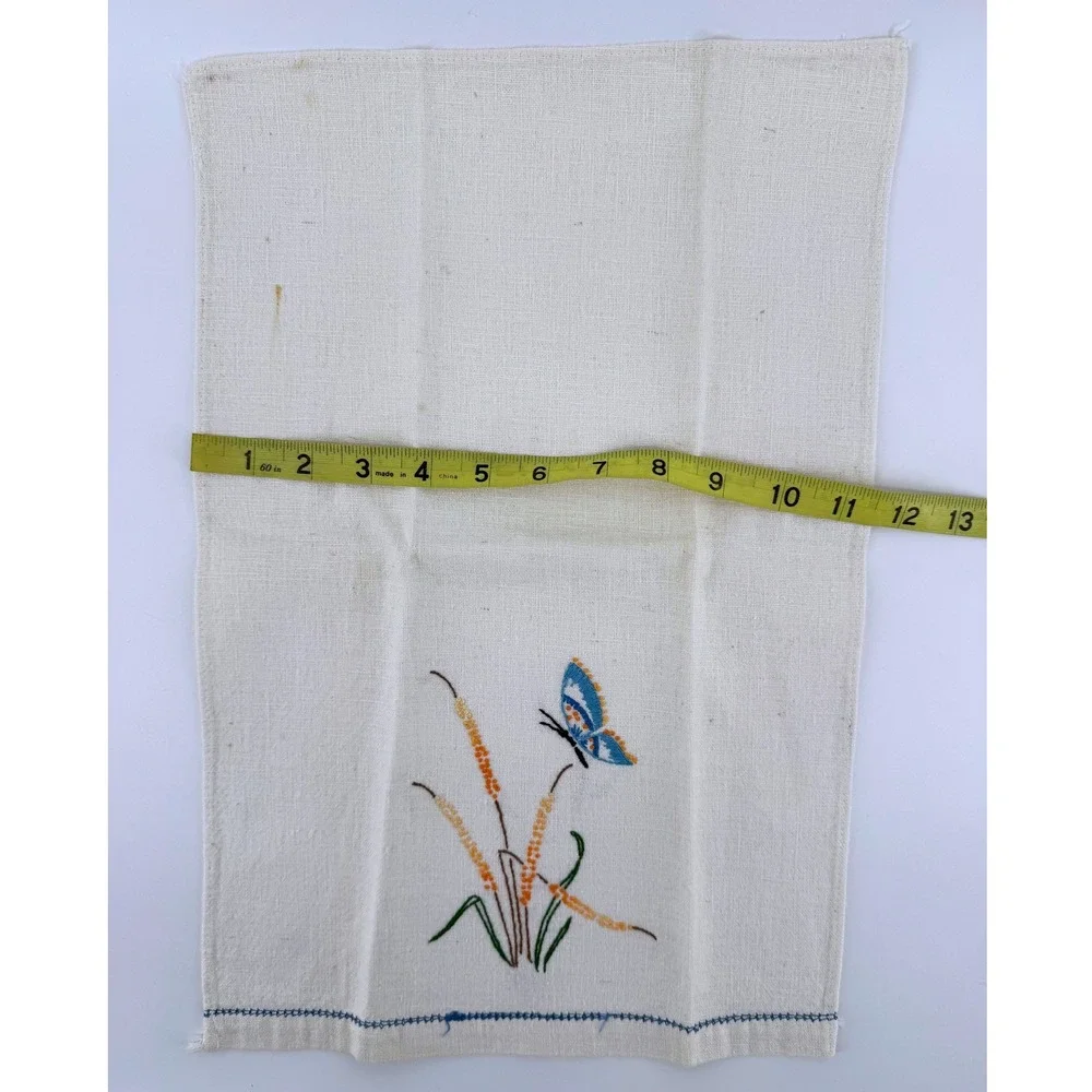 Hand Embroidered 3 Linen Tea Towels Cream Flamingo Butterfly Floral Needlepoint